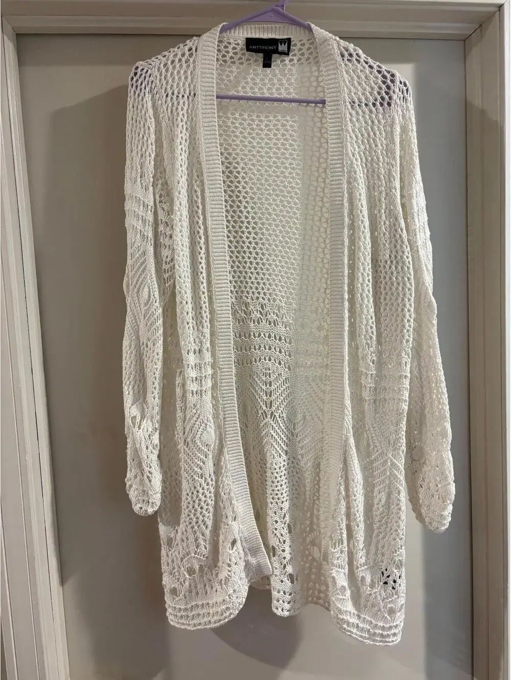 Anthony Boho Crochet Cardigan Duster Open Knit White Size Large Lightweight - Picture 1 of 4